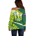 Personalised Australia Swimming Athlete Off Shoulder Sweater Aboriginal Pattern Freestyle Swimmer Patriotic