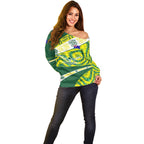 Personalised Australia Swimming Athlete Off Shoulder Sweater Aboriginal Pattern Freestyle Swimmer Patriotic
