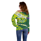Personalised Australia Swimming Athlete Off Shoulder Sweater Aboriginal Pattern Freestyle Swimmer Patriotic