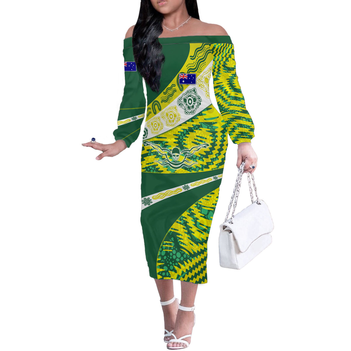 Personalised Australia Swimming Athlete Off The Shoulder Long Sleeve Dress Aboriginal Pattern Freestyle Swimmer Patriotic