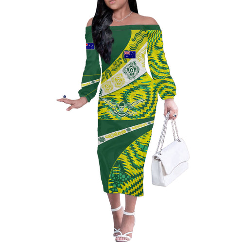 Personalised Australia Swimming Athlete Off The Shoulder Long Sleeve Dress Aboriginal Pattern Freestyle Swimmer Patriotic