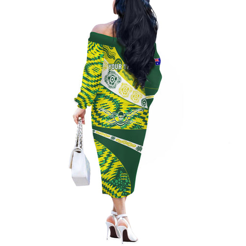 Personalised Australia Swimming Athlete Off The Shoulder Long Sleeve Dress Aboriginal Pattern Freestyle Swimmer Patriotic