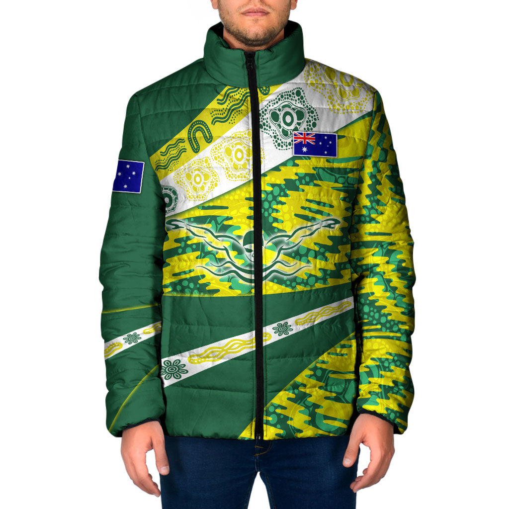 Personalised Australia Swimming Athlete Padded Jacket Aboriginal Pattern Freestyle Swimmer Patriotic