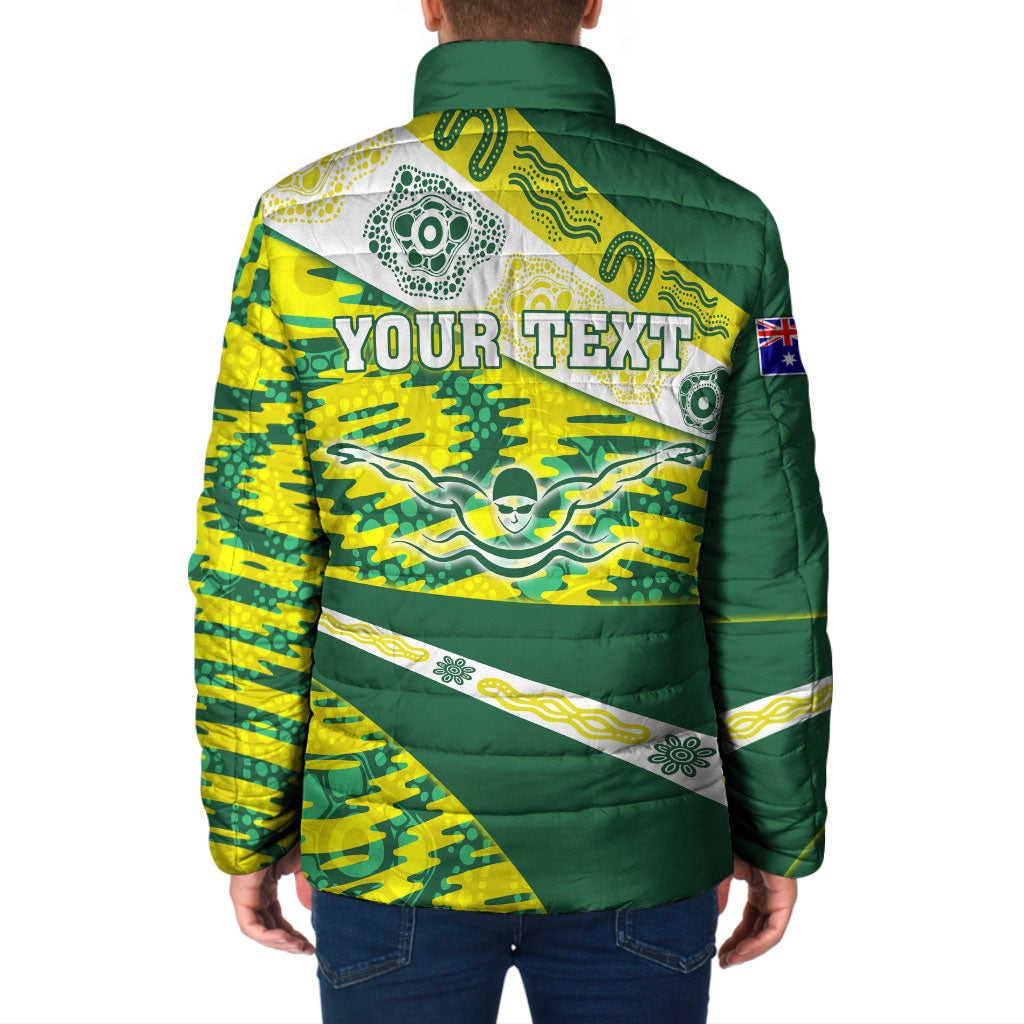 Personalised Australia Swimming Athlete Padded Jacket Aboriginal Pattern Freestyle Swimmer Patriotic