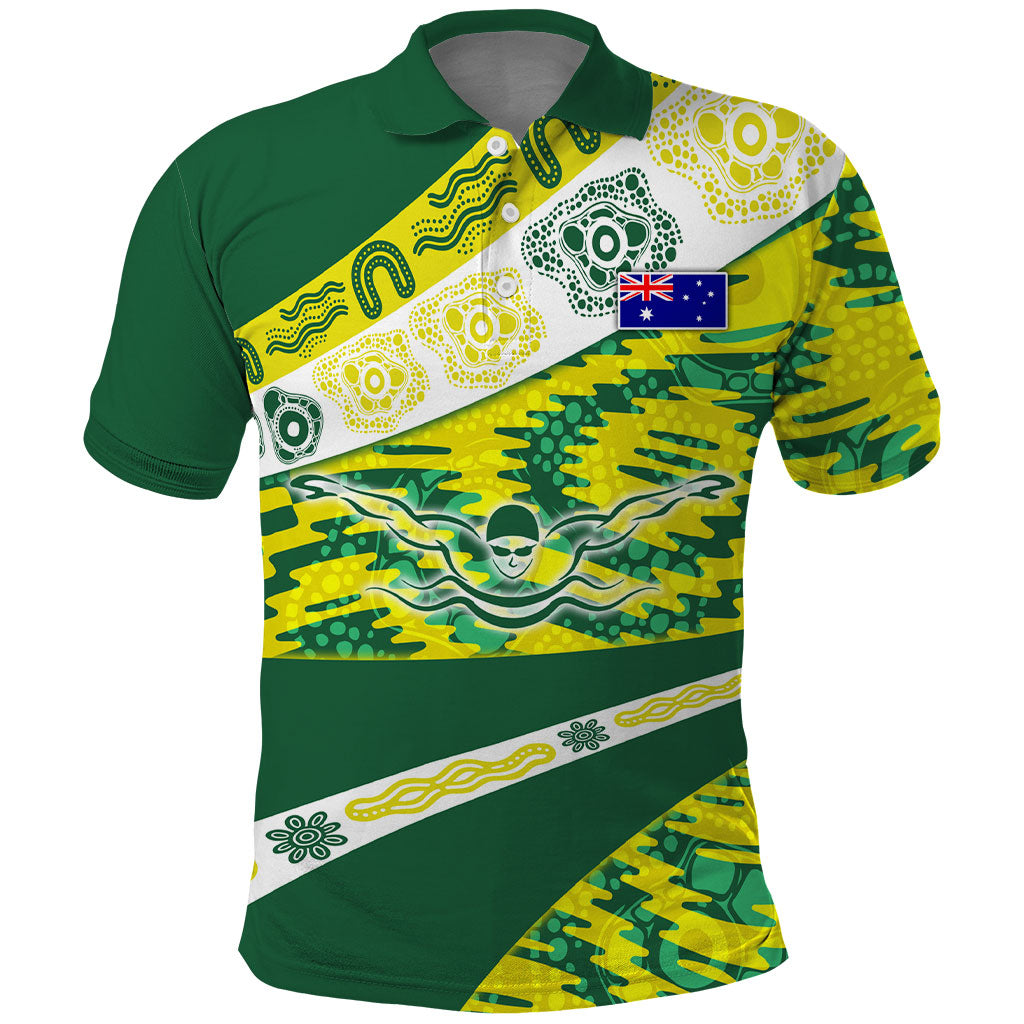 Personalised Australia Swimming Athlete Polo Shirt Aboriginal Pattern Freestyle Swimmer Patriotic