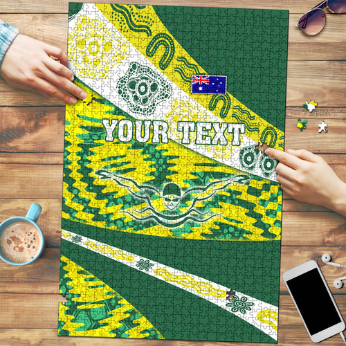 Personalised Australia Swimming Athlete Puzzle Aboriginal Pattern Freestyle Swimmer Patriotic