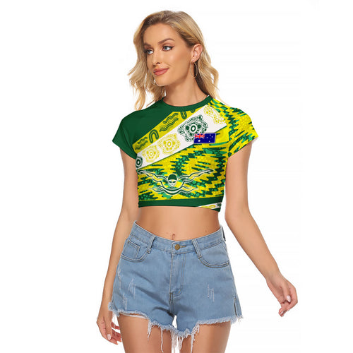 Personalised Australia Swimming Athlete Raglan Cropped T Shirt Aboriginal Pattern Freestyle Swimmer Patriotic