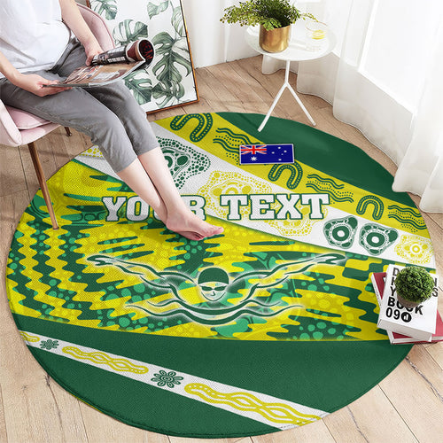 Personalised Australia Swimming Athlete Round Carpet Aboriginal Pattern Freestyle Swimmer Patriotic