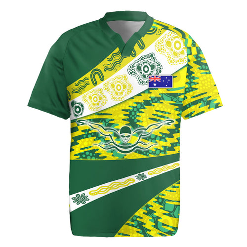 Personalised Australia Swimming Athlete Rugby Jersey Aboriginal Pattern Freestyle Swimmer Patriotic