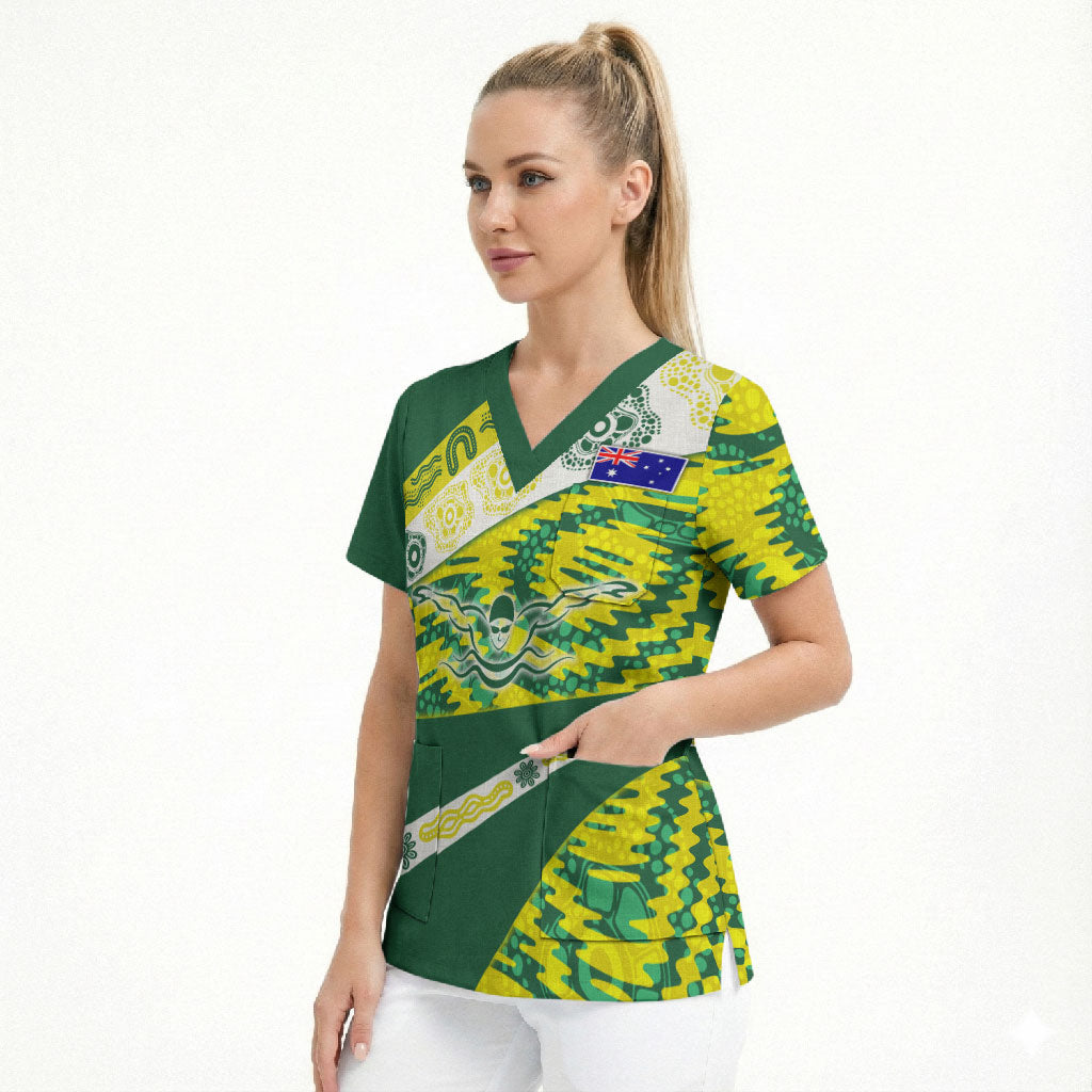 Personalised Australia Swimming Athlete Scrub Top Aboriginal Pattern Freestyle Swimmer Patriotic