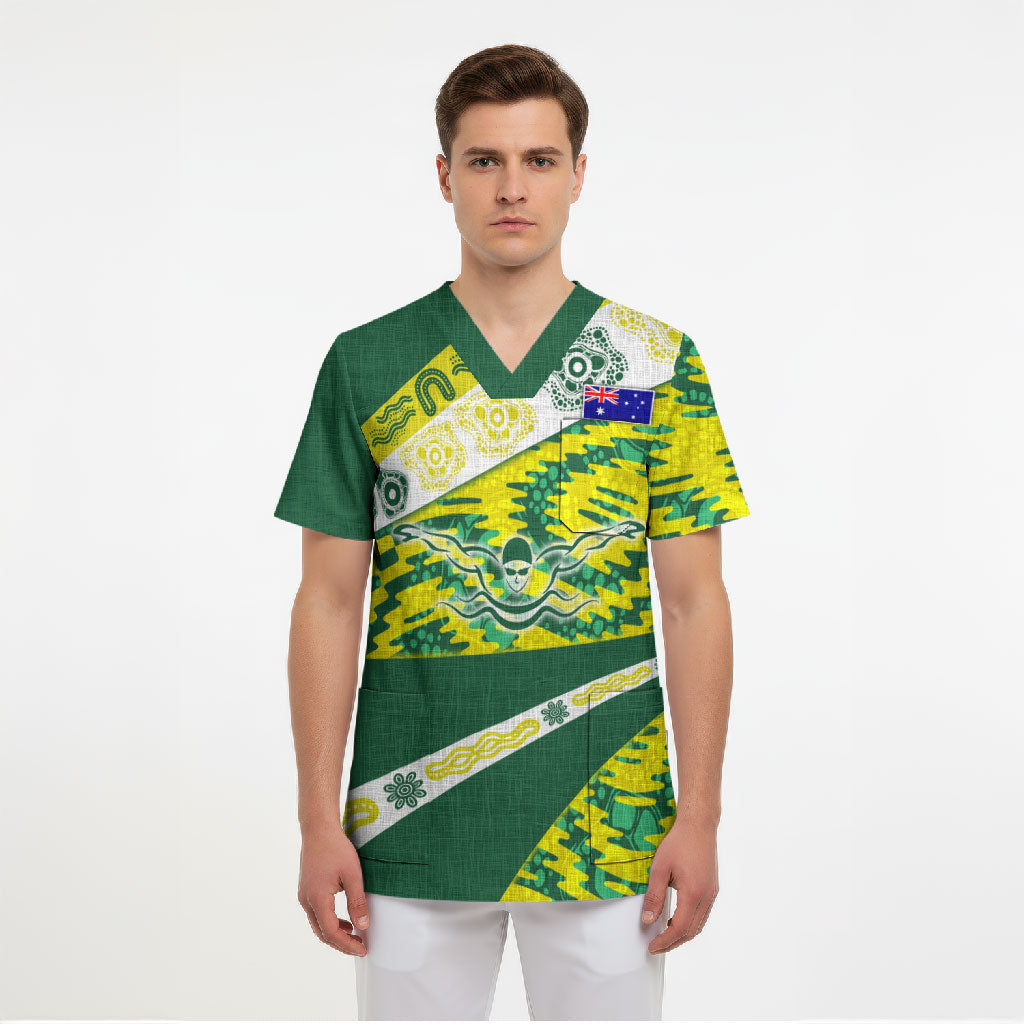 Personalised Australia Swimming Athlete Scrub Top Aboriginal Pattern Freestyle Swimmer Patriotic