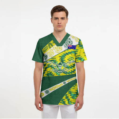 Personalised Australia Swimming Athlete Scrub Top Aboriginal Pattern Freestyle Swimmer Patriotic