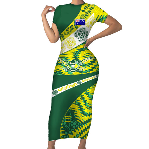 Personalised Australia Swimming Athlete Short Sleeve Bodycon Dress Aboriginal Pattern Freestyle Swimmer Patriotic