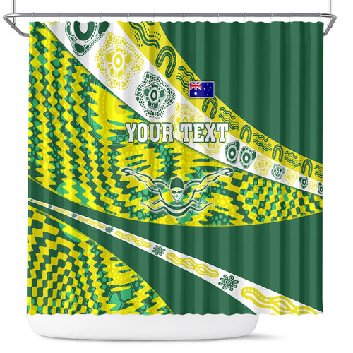 Personalised Australia Swimming Athlete Shower Curtain Aboriginal Pattern Freestyle Swimmer Patriotic