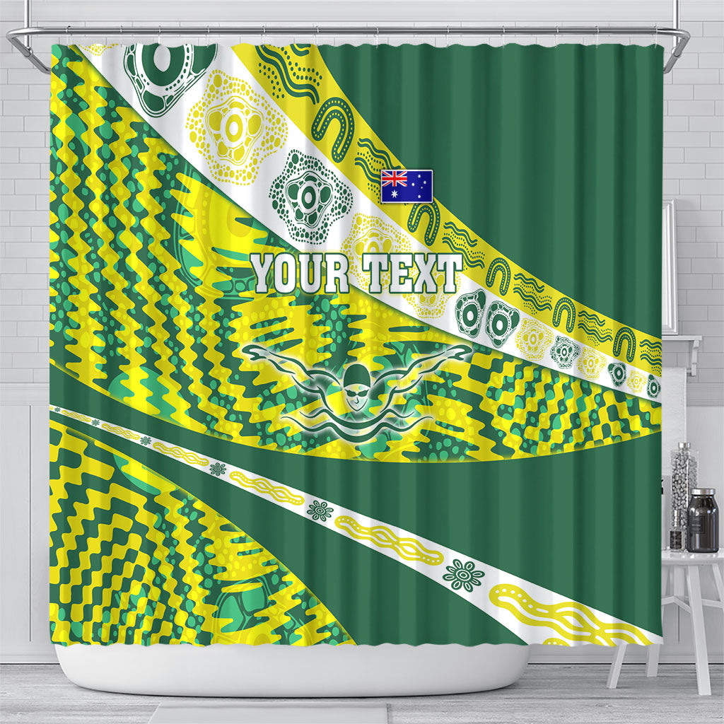 Personalised Australia Swimming Athlete Shower Curtain Aboriginal Pattern Freestyle Swimmer Patriotic