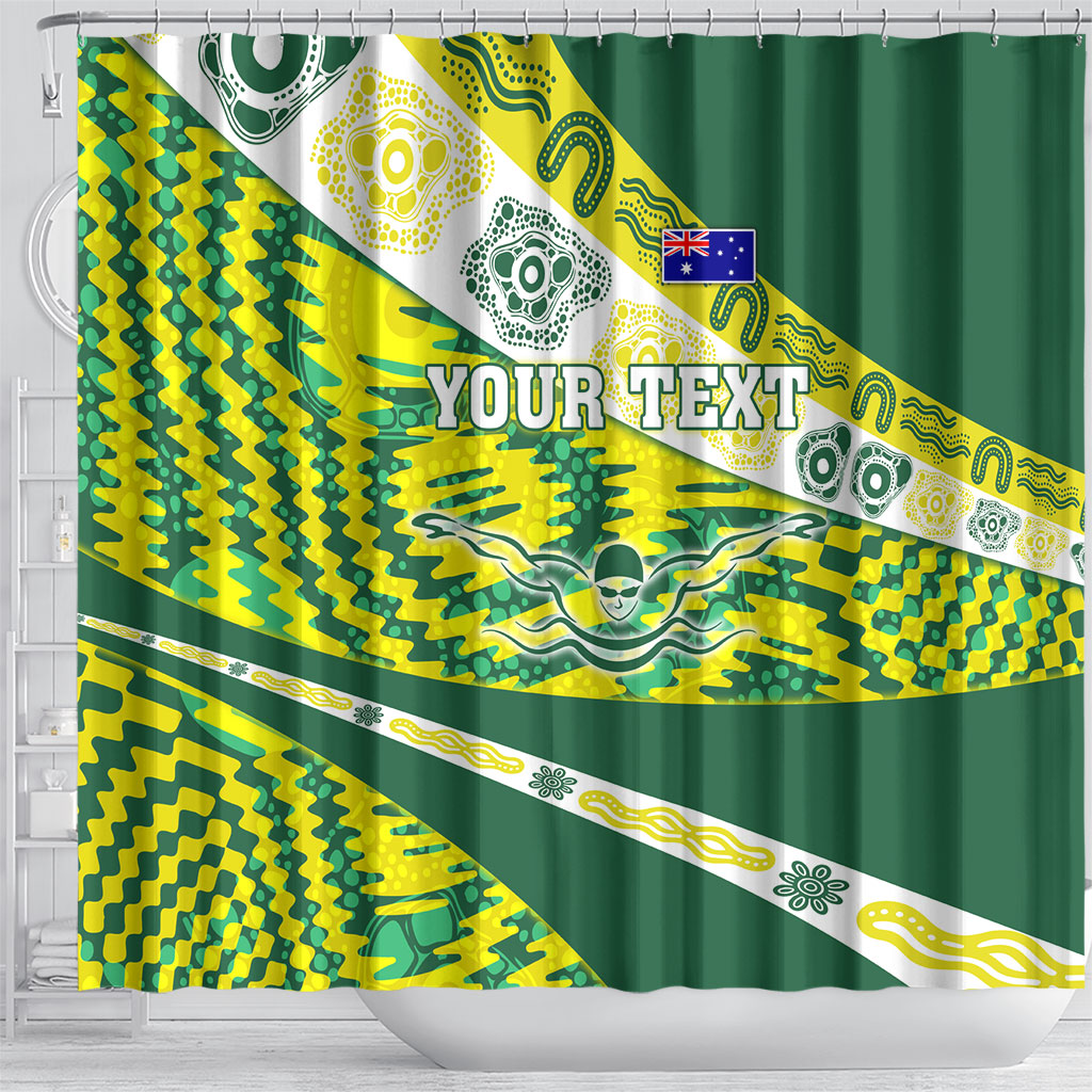 Personalised Australia Swimming Athlete Shower Curtain Aboriginal Pattern Freestyle Swimmer Patriotic