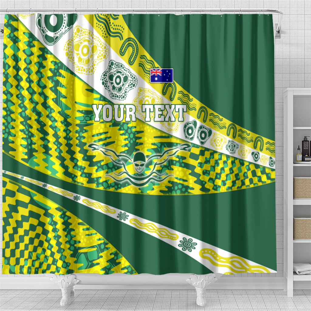 Personalised Australia Swimming Athlete Shower Curtain Aboriginal Pattern Freestyle Swimmer Patriotic