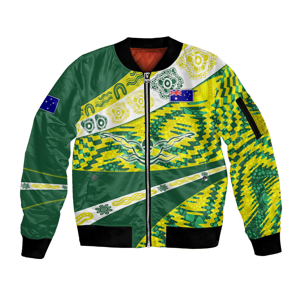 Personalised Australia Swimming Athlete Sleeve Zip Bomber Jacket Aboriginal Pattern Freestyle Swimmer Patriotic
