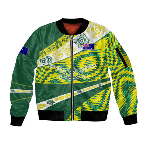 Personalised Australia Swimming Athlete Sleeve Zip Bomber Jacket Aboriginal Pattern Freestyle Swimmer Patriotic