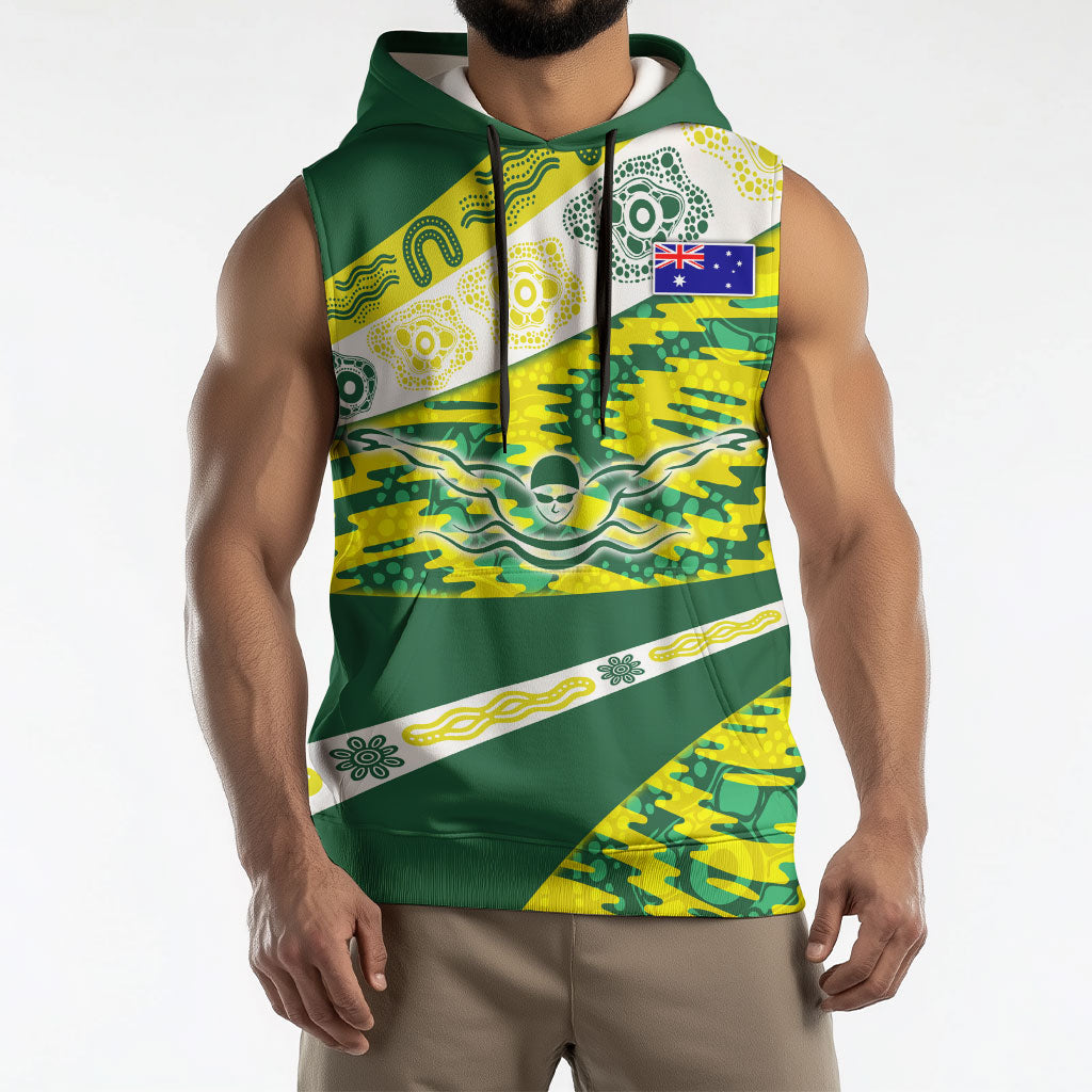 Personalised Australia Swimming Athlete Sleeveless Hoodie Aboriginal Pattern Freestyle Swimmer Patriotic