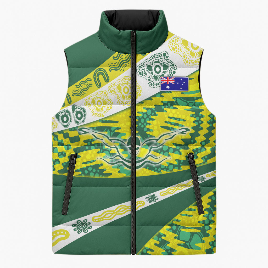 Personalised Australia Swimming Athlete Sleeveless Puffer Jacket Aboriginal Pattern Freestyle Swimmer Patriotic