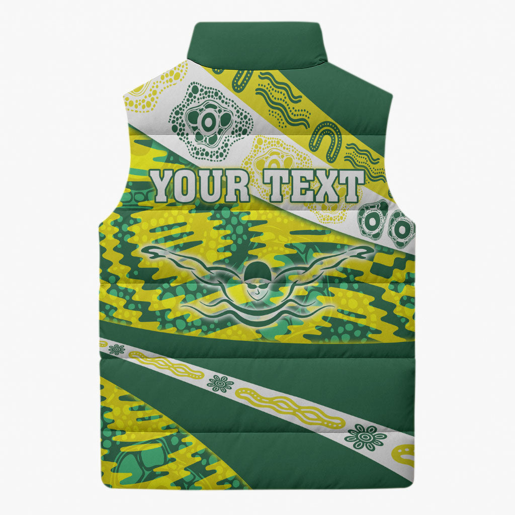 Personalised Australia Swimming Athlete Sleeveless Puffer Jacket Aboriginal Pattern Freestyle Swimmer Patriotic