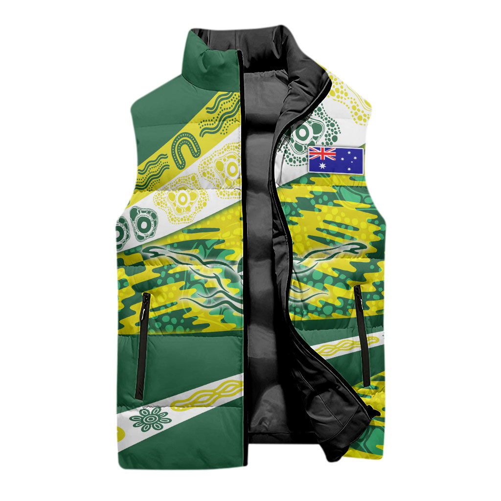 Personalised Australia Swimming Athlete Sleeveless Puffer Jacket Aboriginal Pattern Freestyle Swimmer Patriotic
