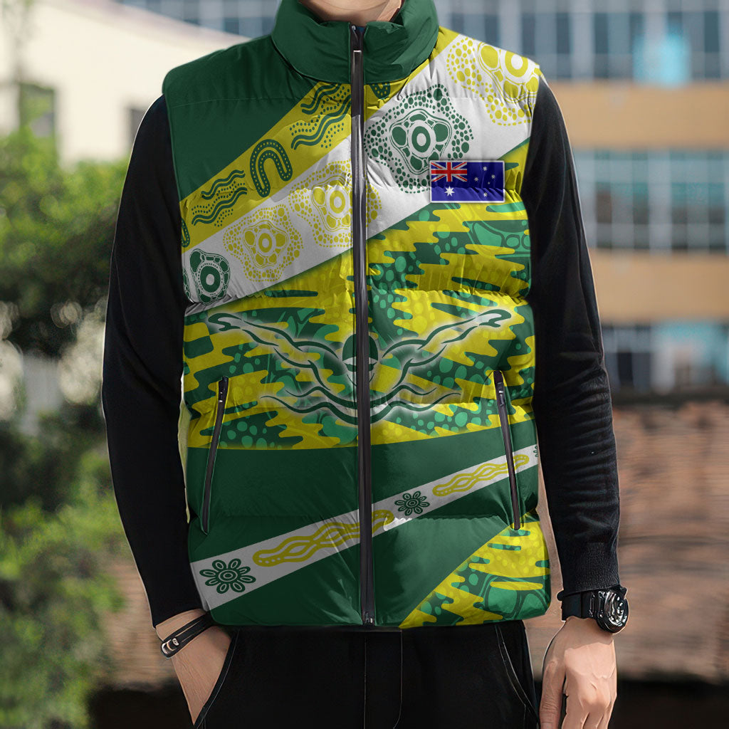 Personalised Australia Swimming Athlete Sleeveless Puffer Jacket Aboriginal Pattern Freestyle Swimmer Patriotic