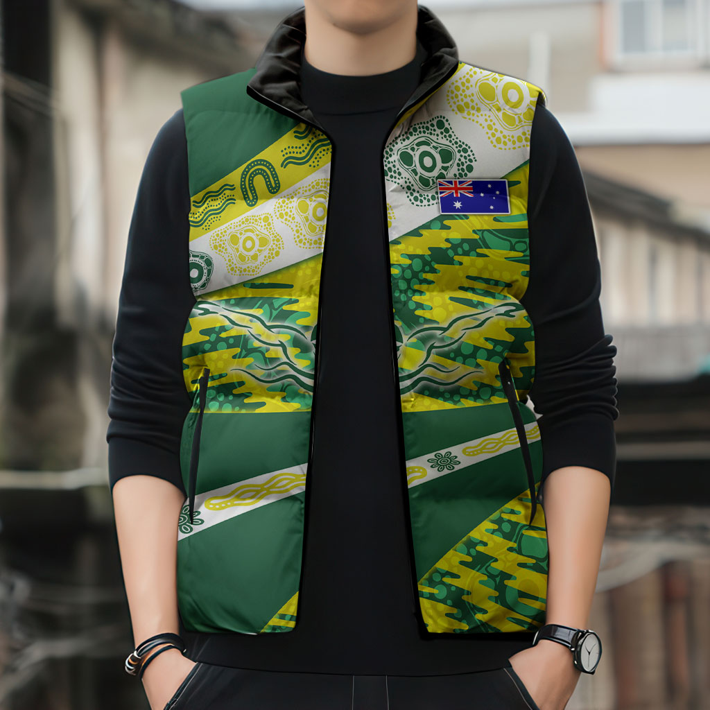 Personalised Australia Swimming Athlete Sleeveless Puffer Jacket Aboriginal Pattern Freestyle Swimmer Patriotic