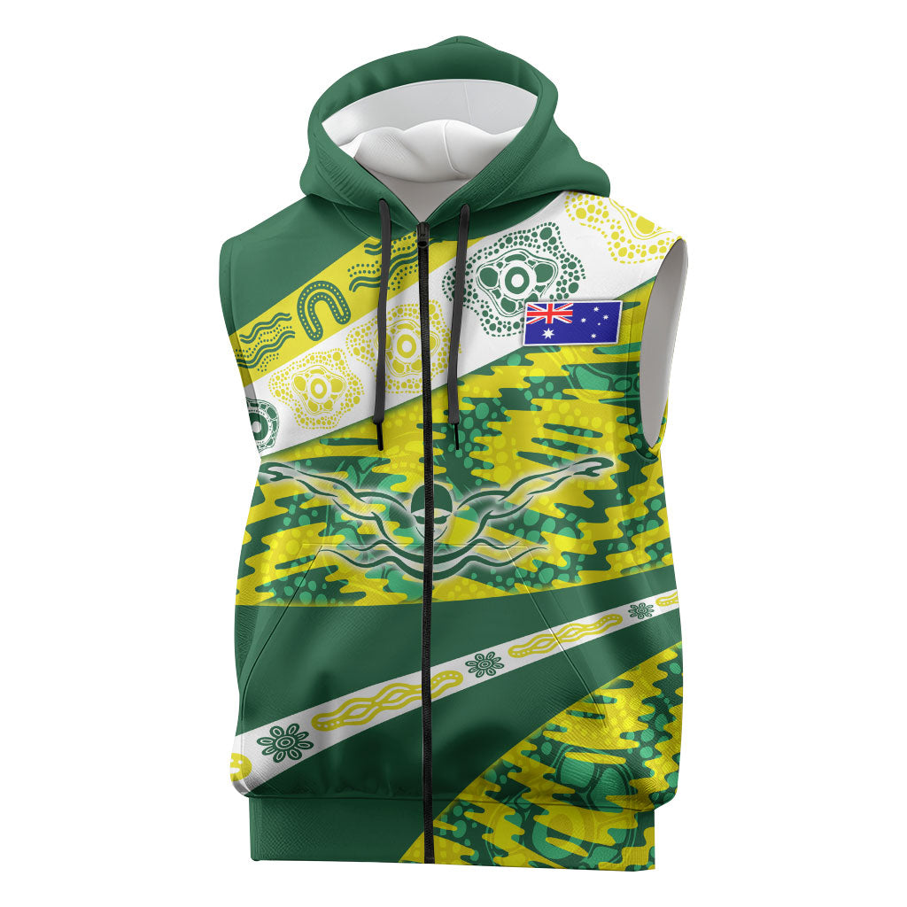 Personalised Australia Swimming Athlete Sleeveless Zip Hoodie Aboriginal Pattern Freestyle Swimmer Patriotic