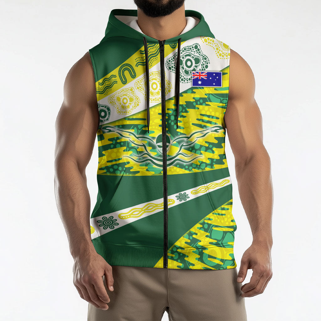 Personalised Australia Swimming Athlete Sleeveless Zip Hoodie Aboriginal Pattern Freestyle Swimmer Patriotic
