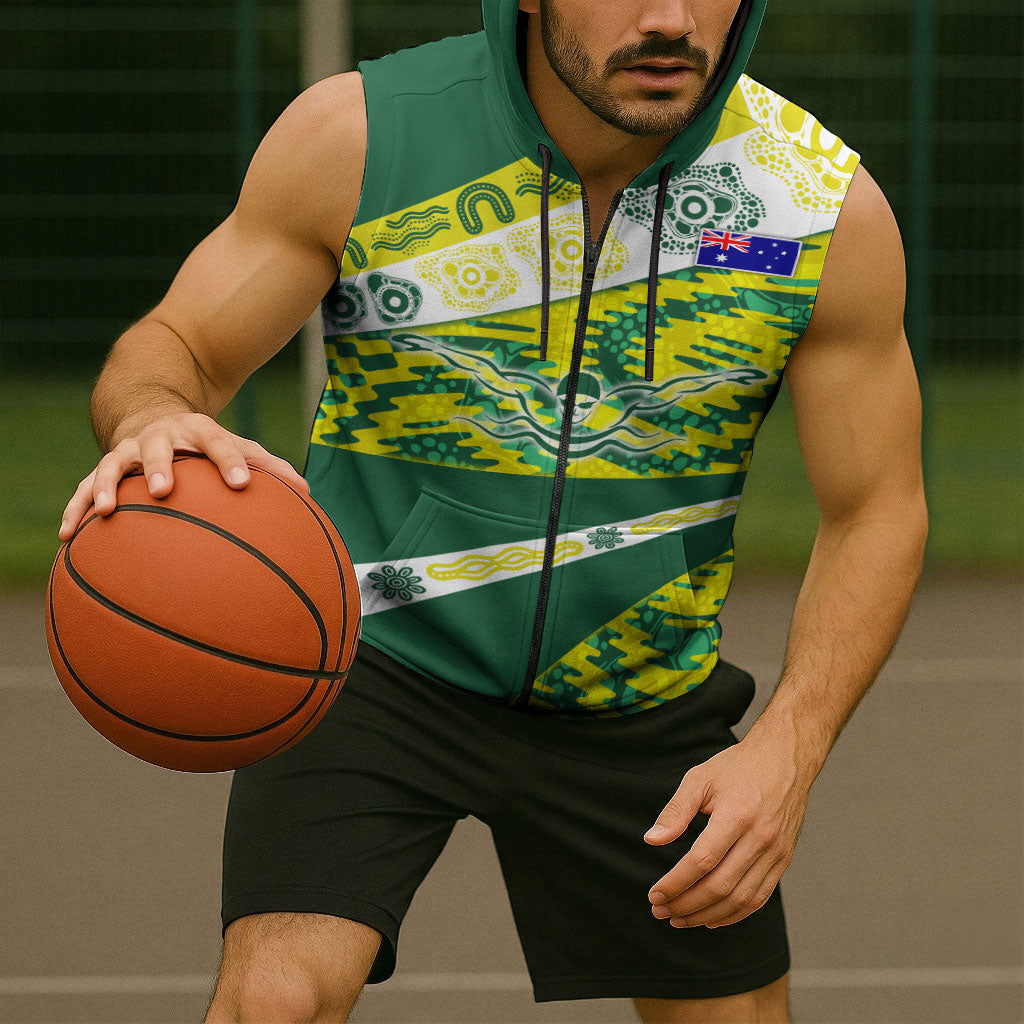 Personalised Australia Swimming Athlete Sleeveless Zip Hoodie Aboriginal Pattern Freestyle Swimmer Patriotic