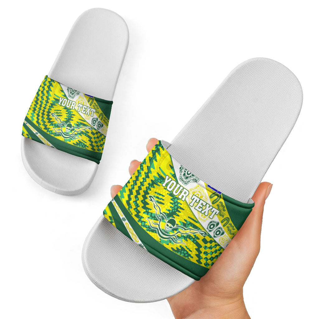 Personalised Australia Swimming Athlete Slide Sandals Aboriginal Pattern Freestyle Swimmer Patriotic