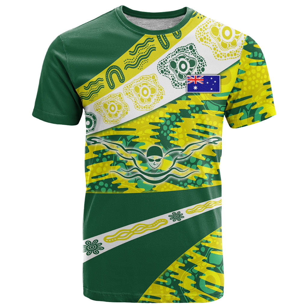 Personalised Australia Swimming Athlete T Shirt Aboriginal Pattern Freestyle Swimmer Patriotic