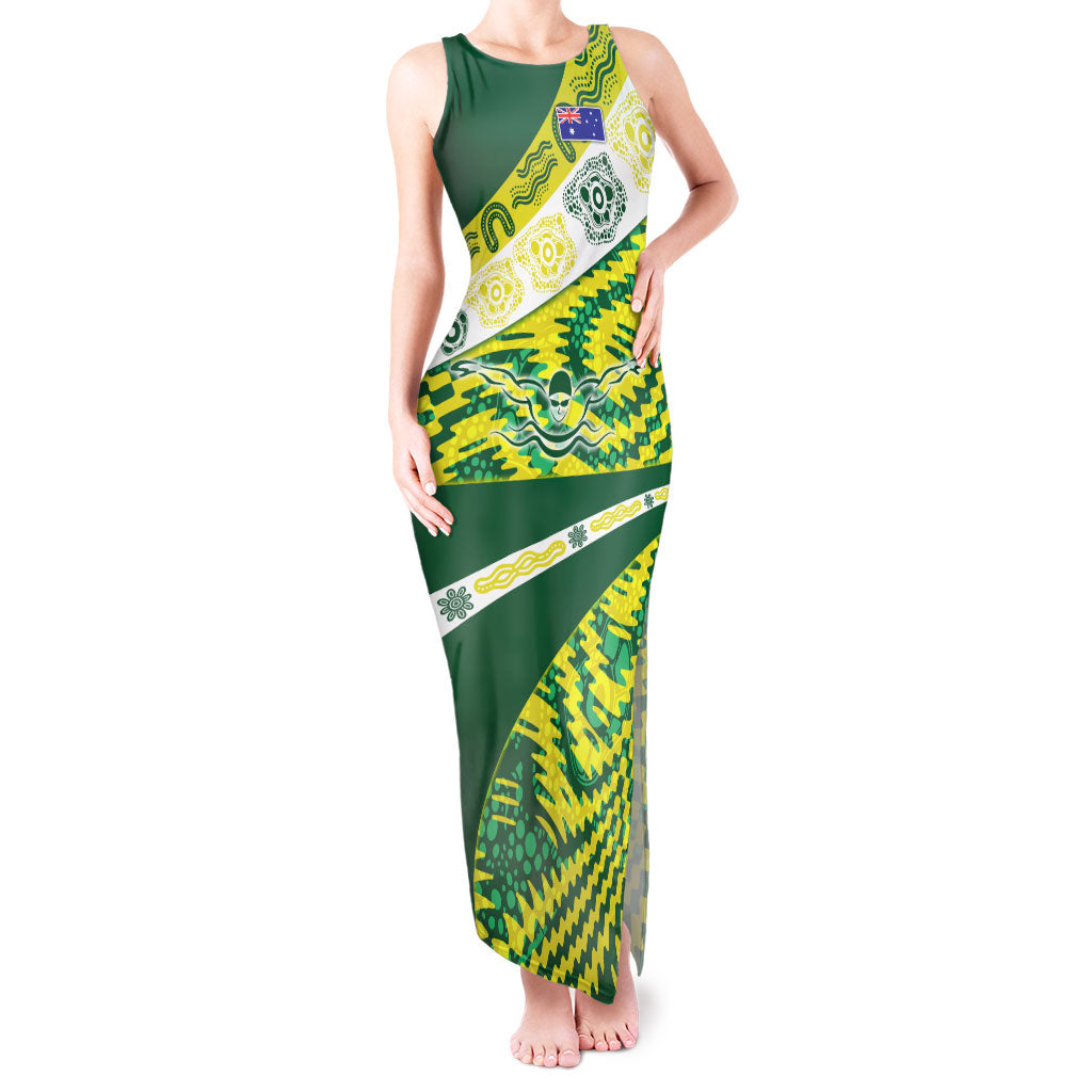 Personalised Australia Swimming Athlete Tank Maxi Dress Aboriginal Pattern Freestyle Swimmer Patriotic