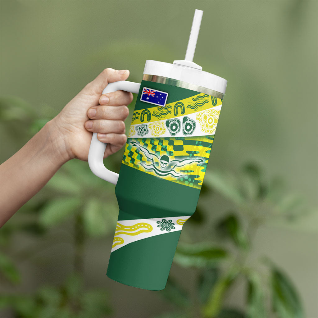 Personalised Australia Swimming Athlete Tumbler With Handle Aboriginal Pattern Freestyle Swimmer Patriotic