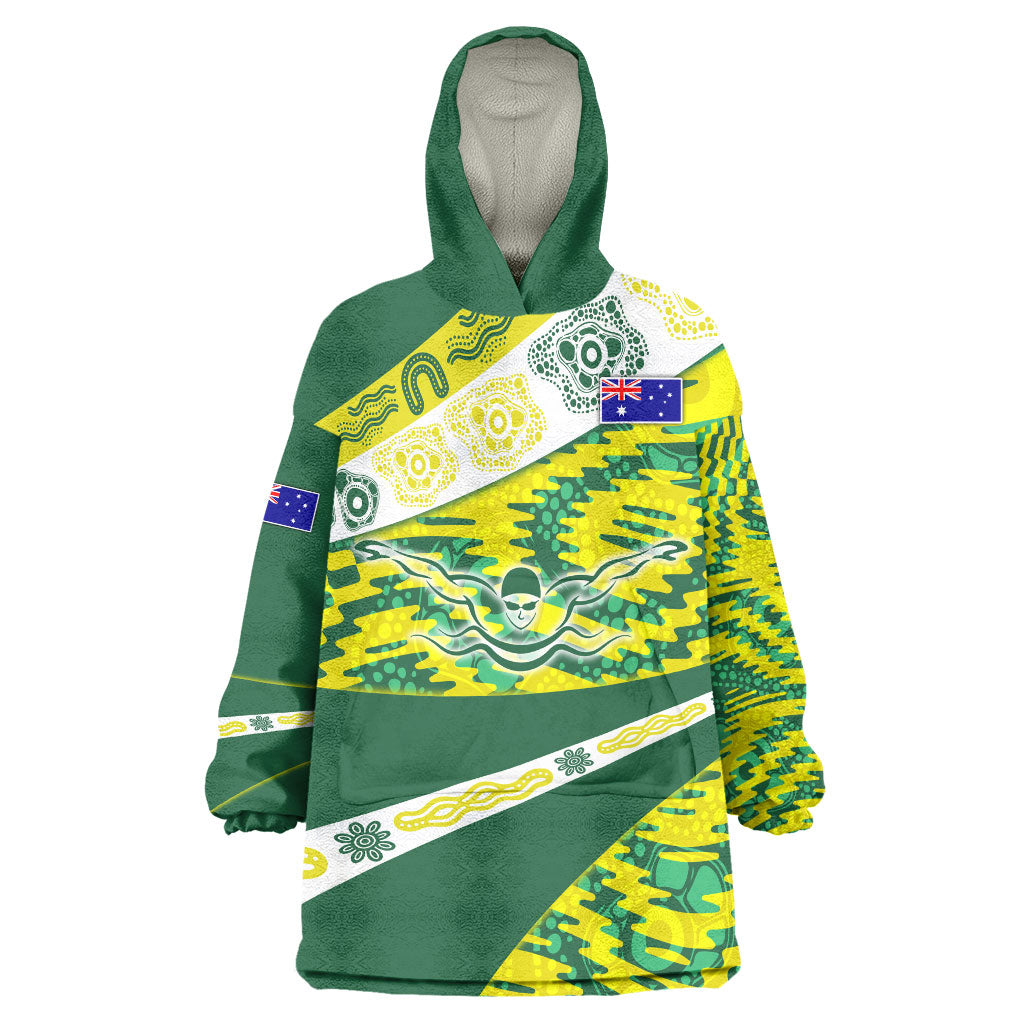 Personalised Australia Swimming Athlete Wearable Blanket Hoodie Aboriginal Pattern Freestyle Swimmer Patriotic