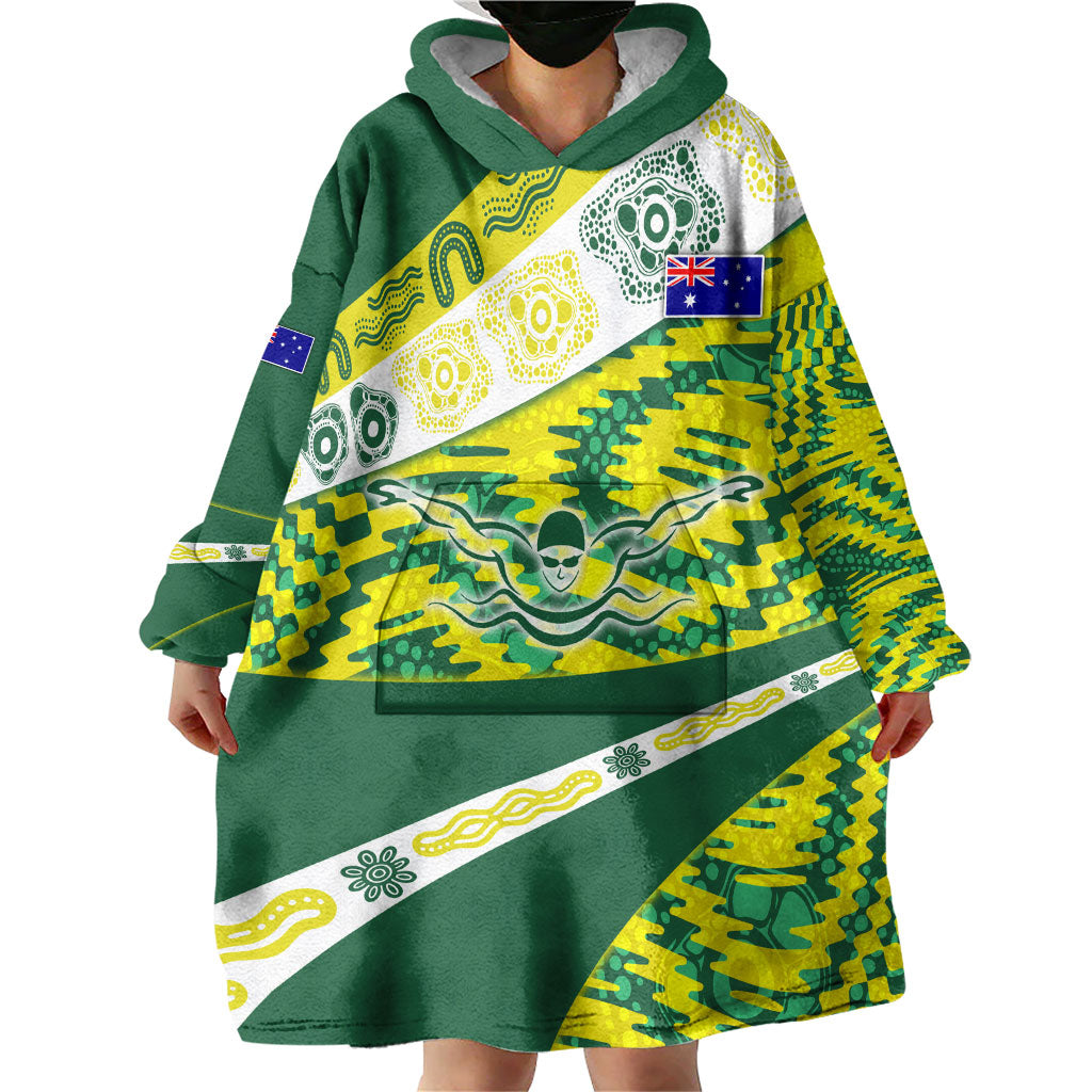 Personalised Australia Swimming Athlete Wearable Blanket Hoodie Aboriginal Pattern Freestyle Swimmer Patriotic