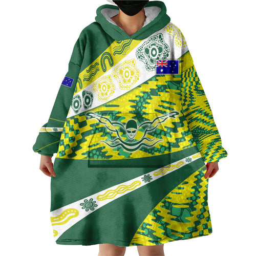 Personalised Australia Swimming Athlete Wearable Blanket Hoodie Aboriginal Pattern Freestyle Swimmer Patriotic