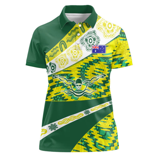 Personalised Australia Swimming Athlete Women Polo Shirt Aboriginal Pattern Freestyle Swimmer Patriotic