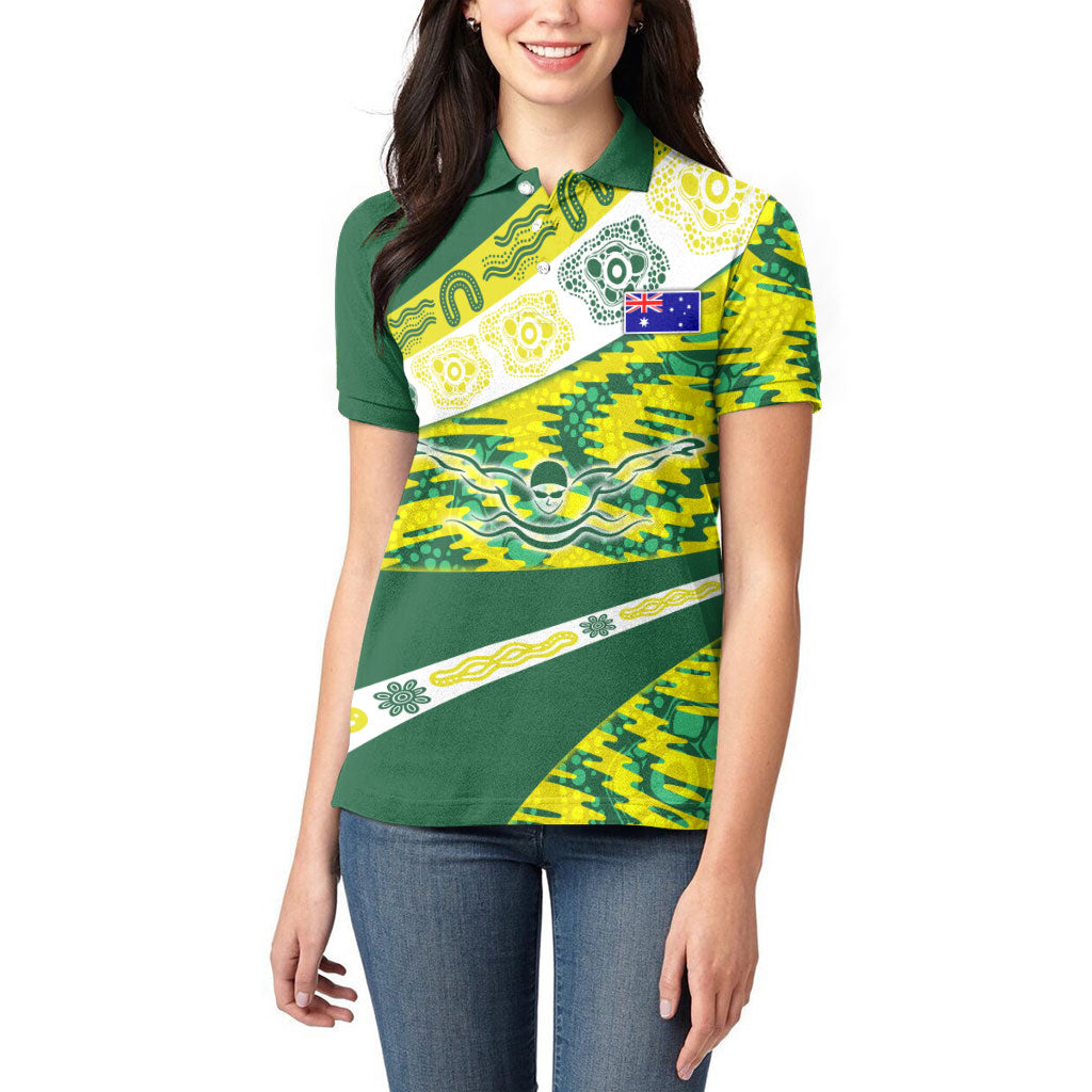 Personalised Australia Swimming Athlete Women Polo Shirt Aboriginal Pattern Freestyle Swimmer Patriotic