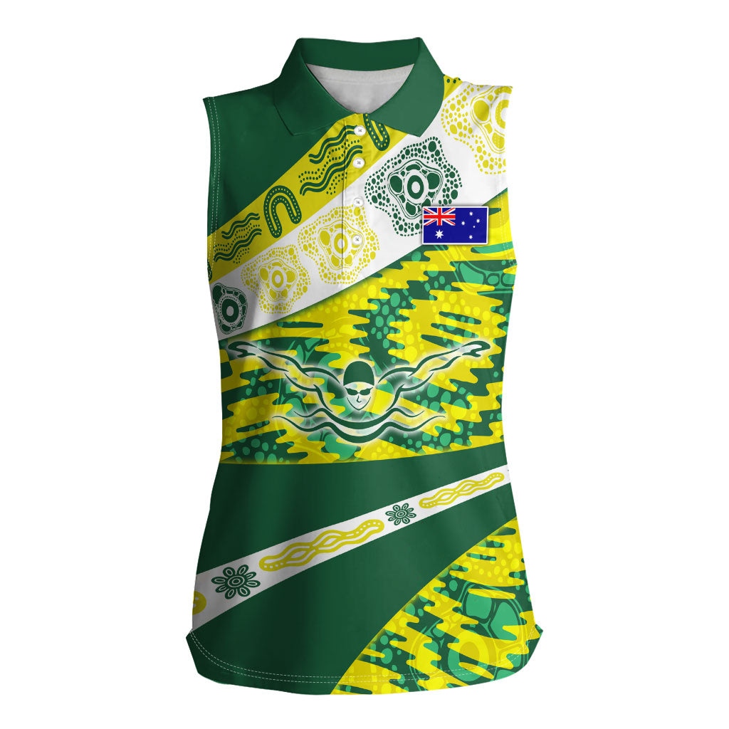 Personalised Australia Swimming Athlete Women Sleeveless Polo Shirt Aboriginal Pattern Freestyle Swimmer Patriotic