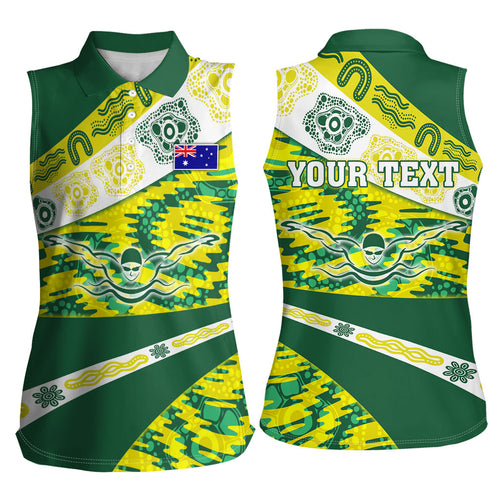 Personalised Australia Swimming Athlete Women Sleeveless Polo Shirt Aboriginal Pattern Freestyle Swimmer Patriotic