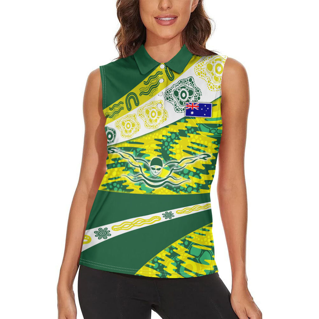 Personalised Australia Swimming Athlete Women Sleeveless Polo Shirt Aboriginal Pattern Freestyle Swimmer Patriotic