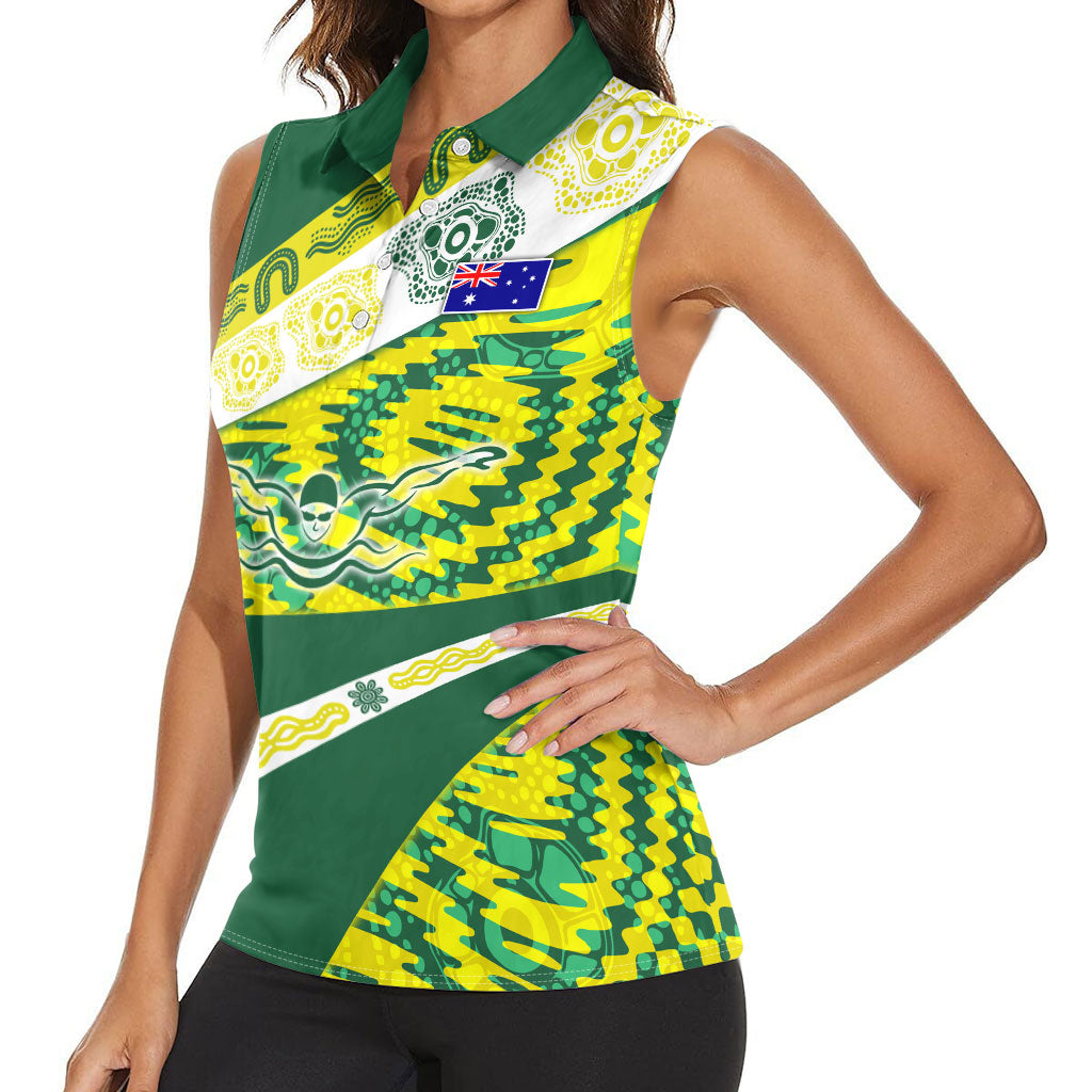 Personalised Australia Swimming Athlete Women Sleeveless Polo Shirt Aboriginal Pattern Freestyle Swimmer Patriotic