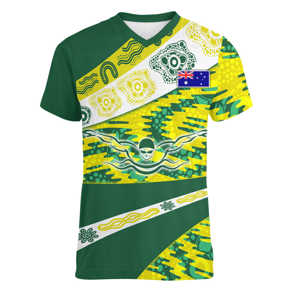 Personalised Australia Swimming Athlete Women V-Neck T-Shirt Aboriginal Pattern Freestyle Swimmer Patriotic
