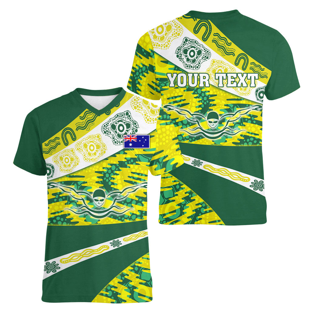 Personalised Australia Swimming Athlete Women V-Neck T-Shirt Aboriginal Pattern Freestyle Swimmer Patriotic