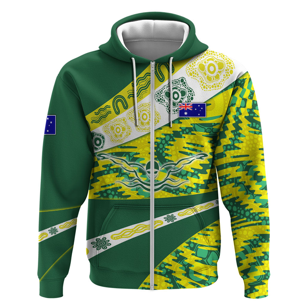 Personalised Australia Swimming Athlete Zip Hoodie Aboriginal Pattern Freestyle Swimmer Patriotic