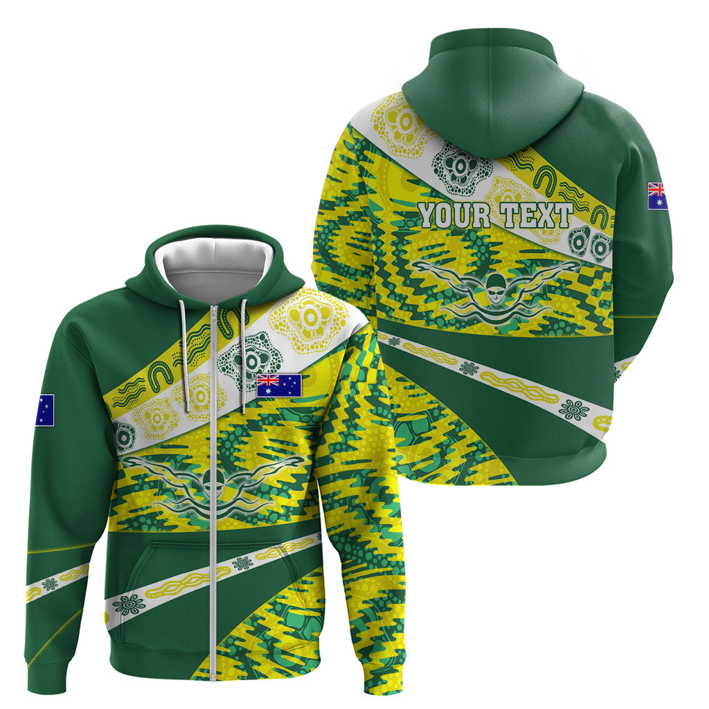 Personalised Australia Swimming Athlete Zip Hoodie Aboriginal Pattern Freestyle Swimmer Patriotic