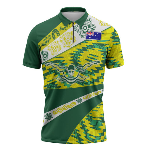 Personalised Australia Swimming Athlete Zipper Polo Shirt Aboriginal Pattern Freestyle Swimmer Patriotic